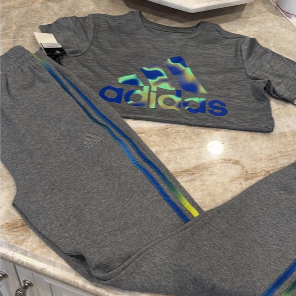adidas Gray Crewneck Sweatshirt with Blue and Lime Stripes